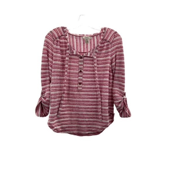 Ann Taylor Loft Womens Tie Neck Long Roll Tab Sleeve Blouse Pink/White Striped S - Picture 1 of 11